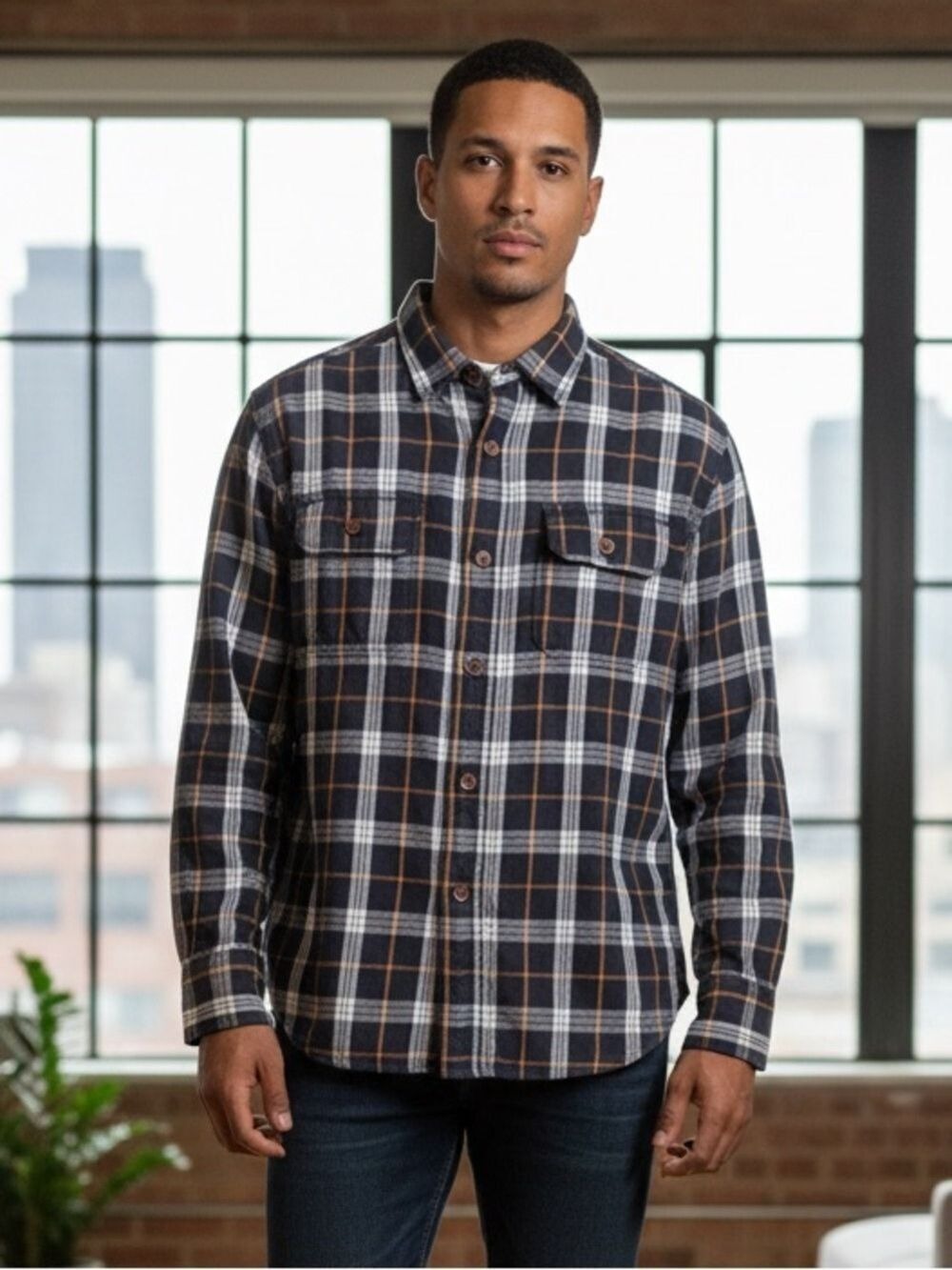 Plaid Flannel Button Down Shirt Navy Orange White Pockets Rugged Gorpcore L/XL